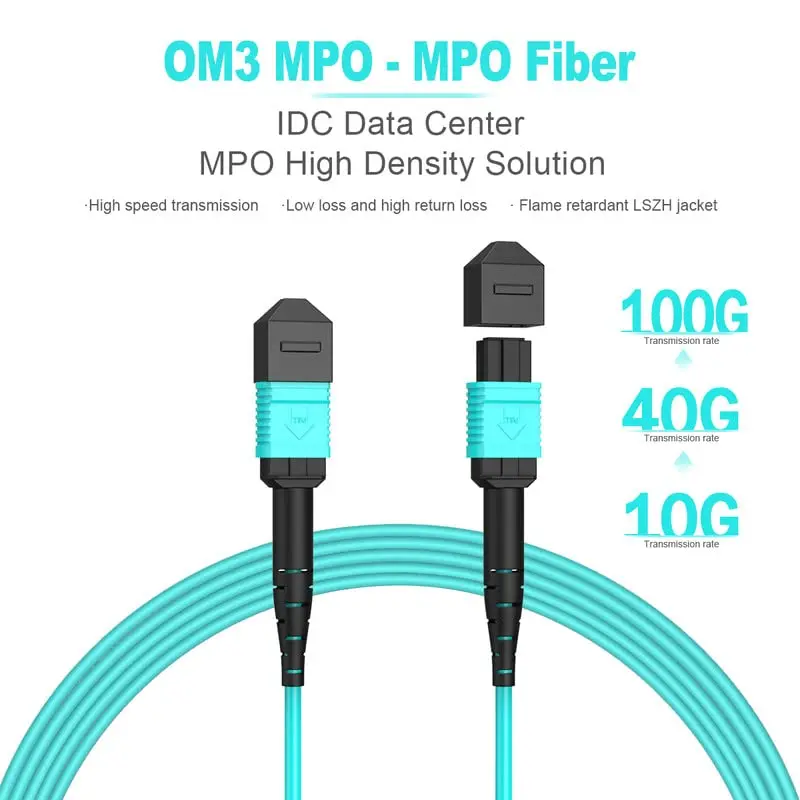 MPO to MPO Fiber Optic Cable 12 Core OM3 Multi-Mode 40Gb/100Gb 12 Fibers Female for QSFP+ Transceivers MTP Compatible Application for Fiber Optic Cable