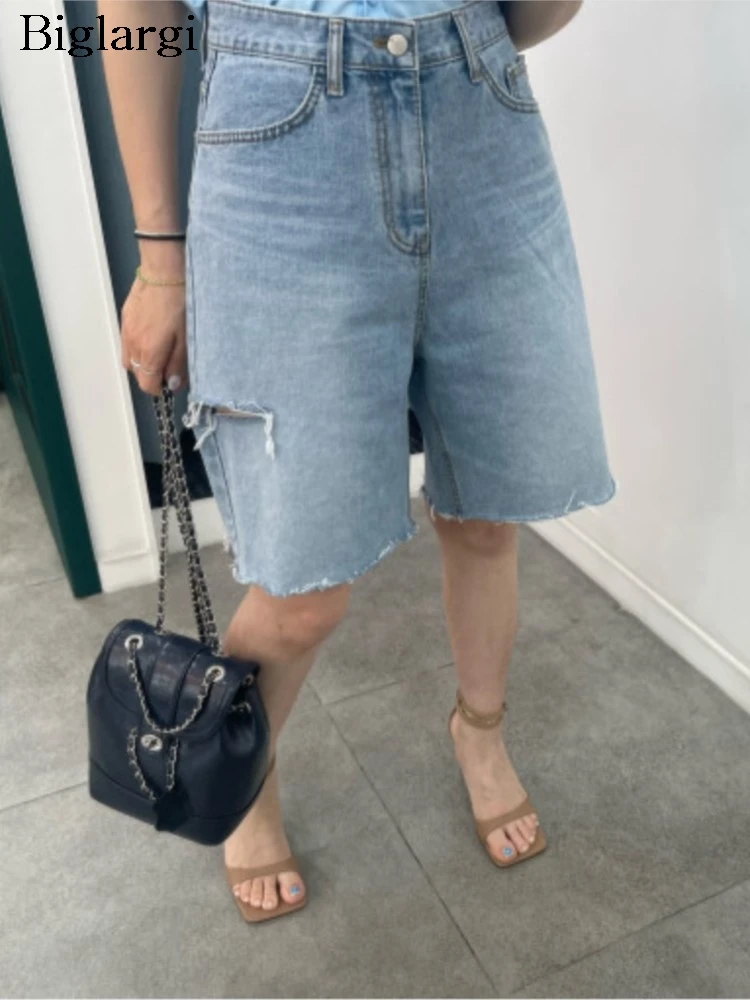 

Jeans High Waist Summer A-Line Shorts Women Hole Hollow Out Modis Casual Ladies Trousers Korean Style Loose Pleated Woman Shorts