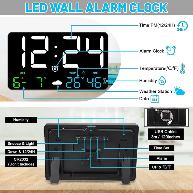LED Digital Wall Clock with Large Display Alarm Clocks for Bedrooms with Weather Station USB 11.5"