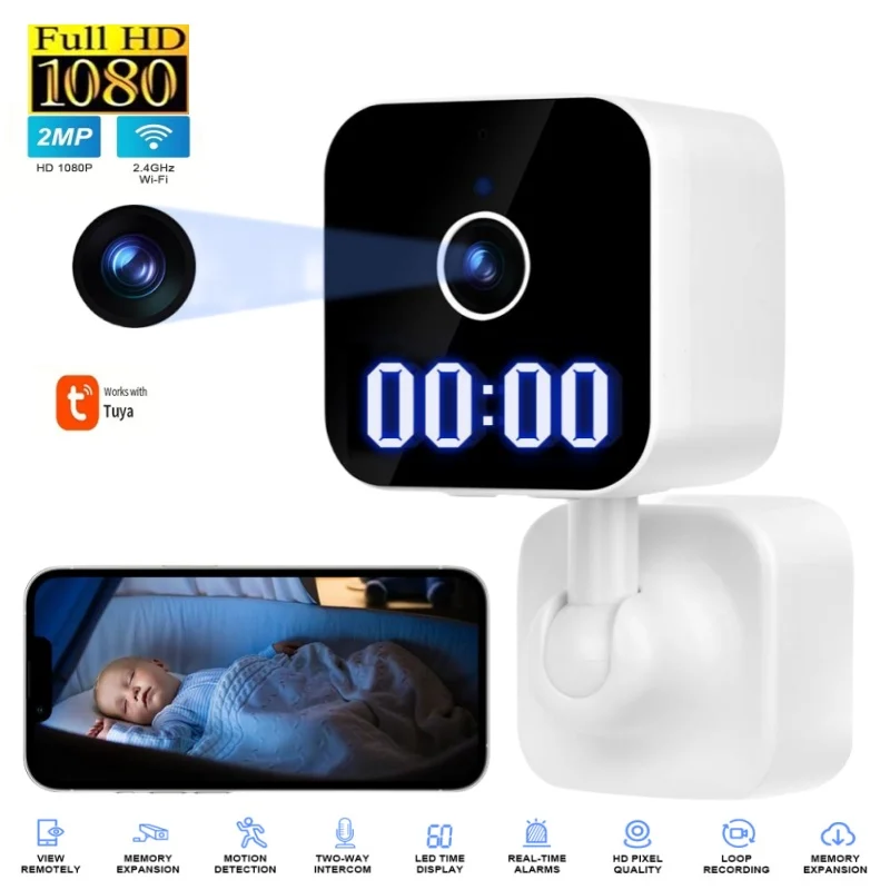 Wifi Plug Camera with Digital Clock Indoor HD Home Security Night Vision Video Surveillance Wireless Rotation IP Motion Cam