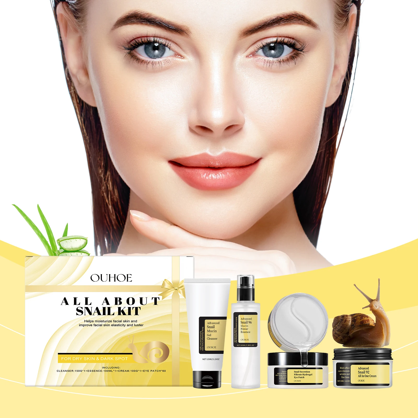 Snail Mucin Skin Care Set Fade Fine Lines Repair Tighten Firming Moisturizing Smooth Glow Brightening Facial Essence Gift Box