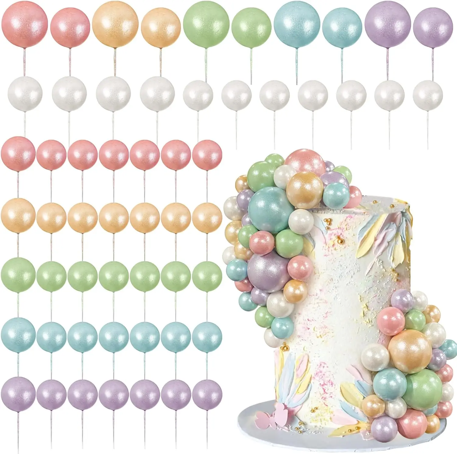 56 Stück Kugel-Kuchenaufsätze – bunte Perlen-Kuchendekorationen für Geburtstag, Hochzeit, Cupcakes, Ball, Partyzubehör, DIY-Dessert-Dekoration – Detail 37