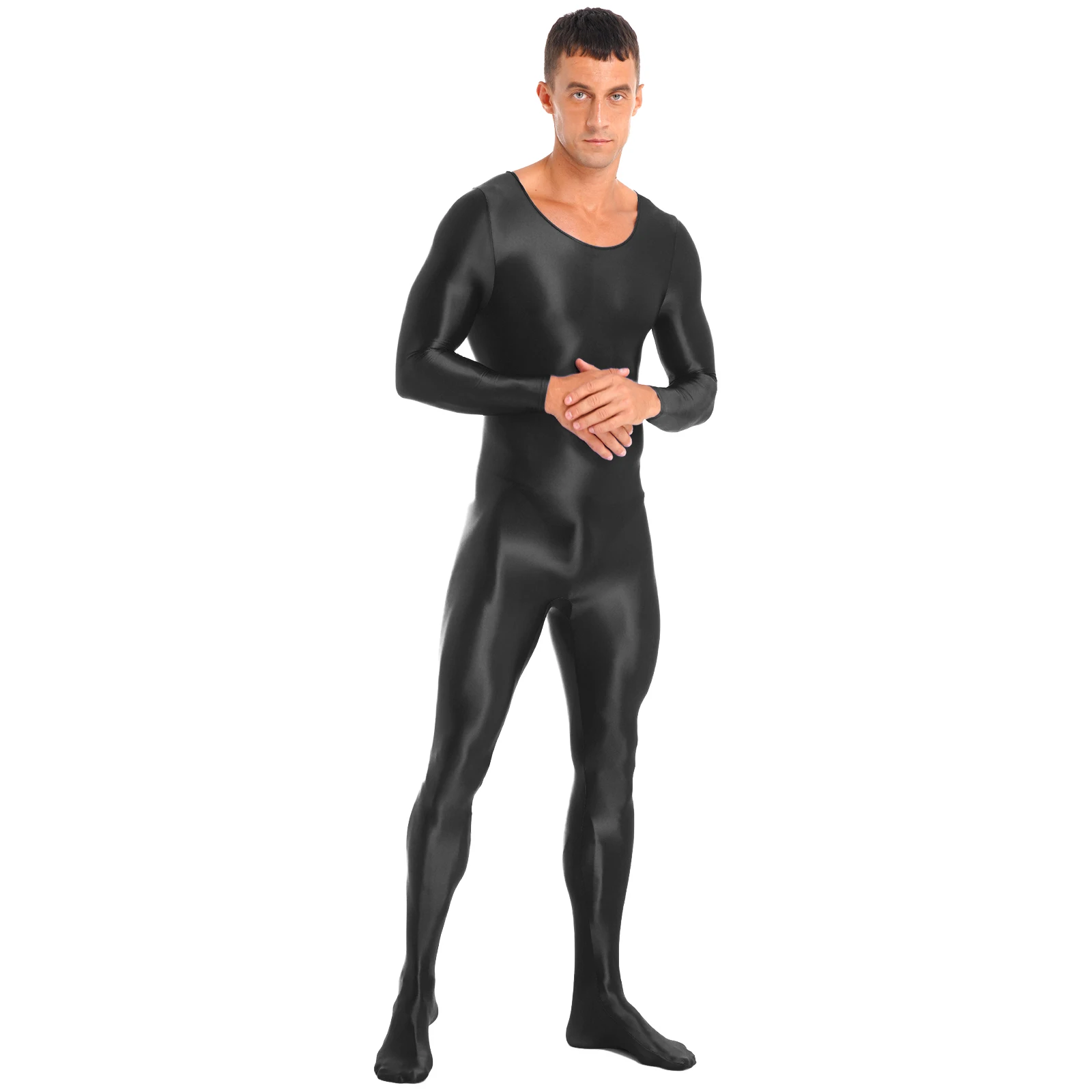 Men Glossy Bodystocking Smooth Long Sleeve Oil Shiny Full Body Bodysuit Tights Swimsuit Gym Fitness Rash Guard Swimwear Jumpsuit