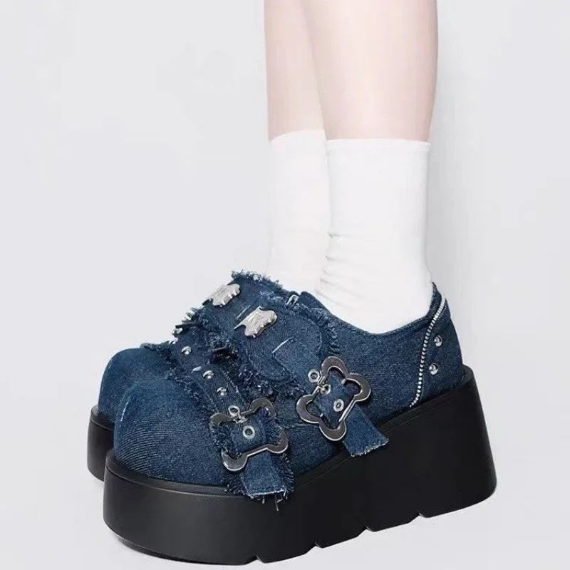 Punk Metal Chain Chunky Platform Ankle Boots Women 2024 Winter Y2K Thick Bottom Denim Boots Woman Black Gothic Lolita Shoes