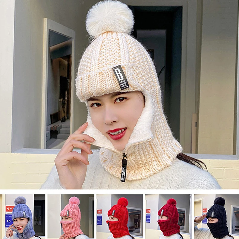 

Women Wool Knitted Hat Ski Hat Windproof Winter Outdoor Knit Thick Siamese Scarf Collar Warm Keep Face Warmer Beanies Hat