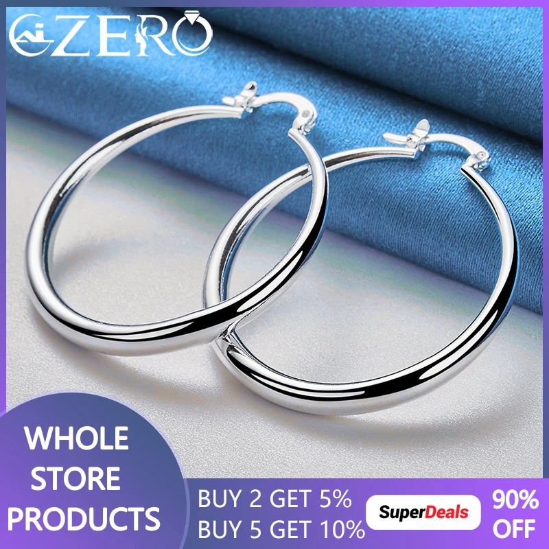 925 Sterling Silver 4cm Smooth Round Big Circle Hoop Earrings For Women Wedding Fashion Party Accessories Jewelry Birthday Gifts