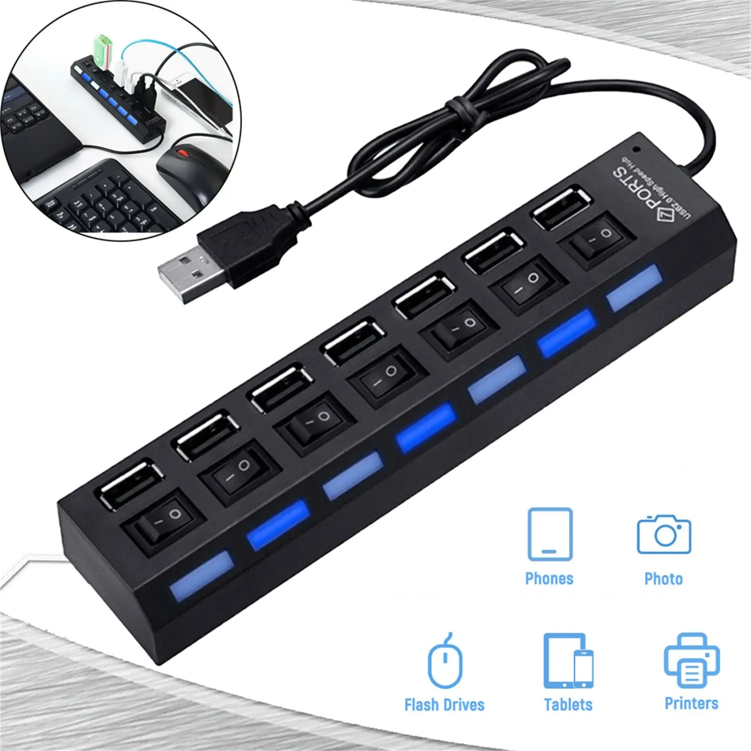 Розгалужувач USB на 7 портів, юсб хаб із кнопками LED USB-концентратор ...