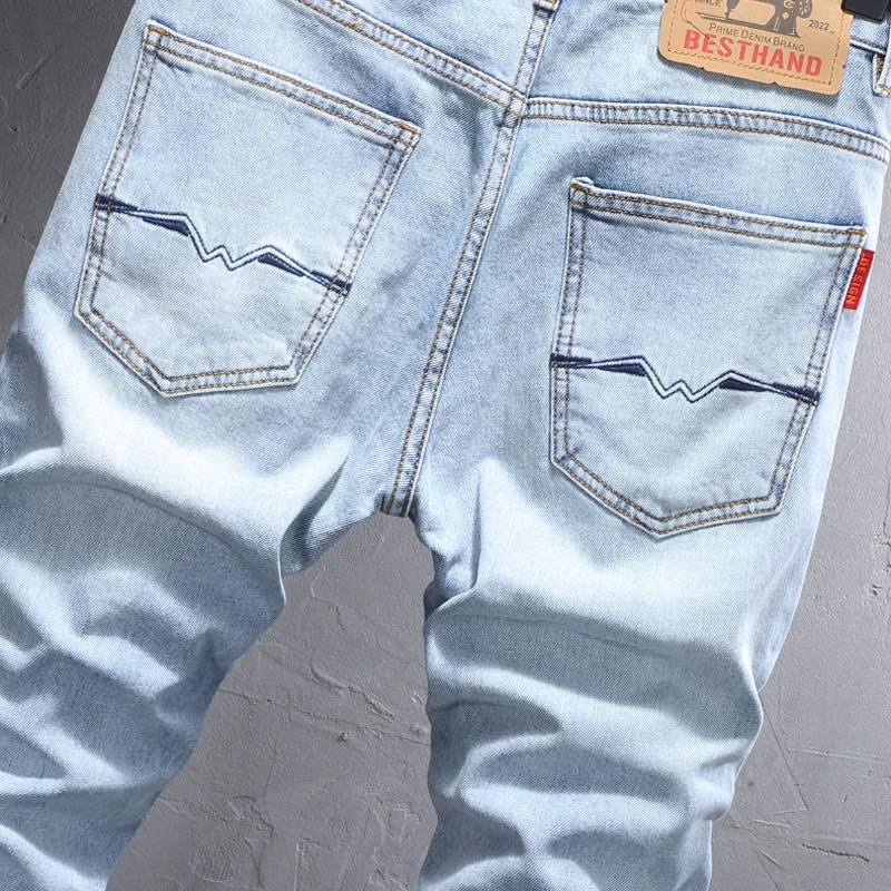 Fashion Designer Men Jeans Retro Light Blue Elastic Slim Fit Printed Jeans Men Korean Style Classical Simple Casual Denim Pants