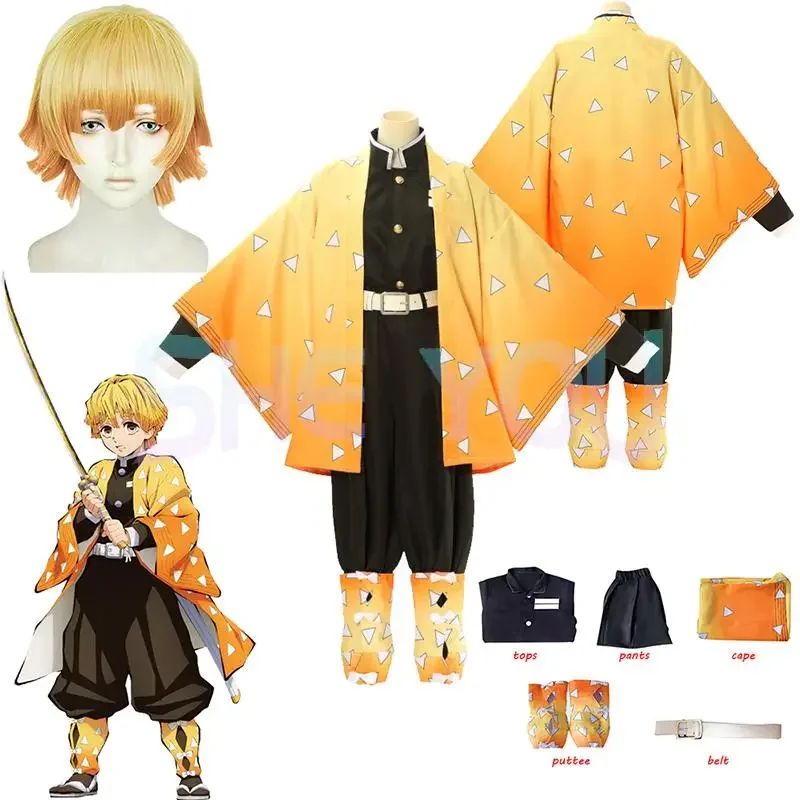 

Anime Demon Slayer Kimetsu no Yaiba Agatsuma Zenitsu Cosplay Costume Women Men Kimono Uniform Halloween Party For Kids Adults