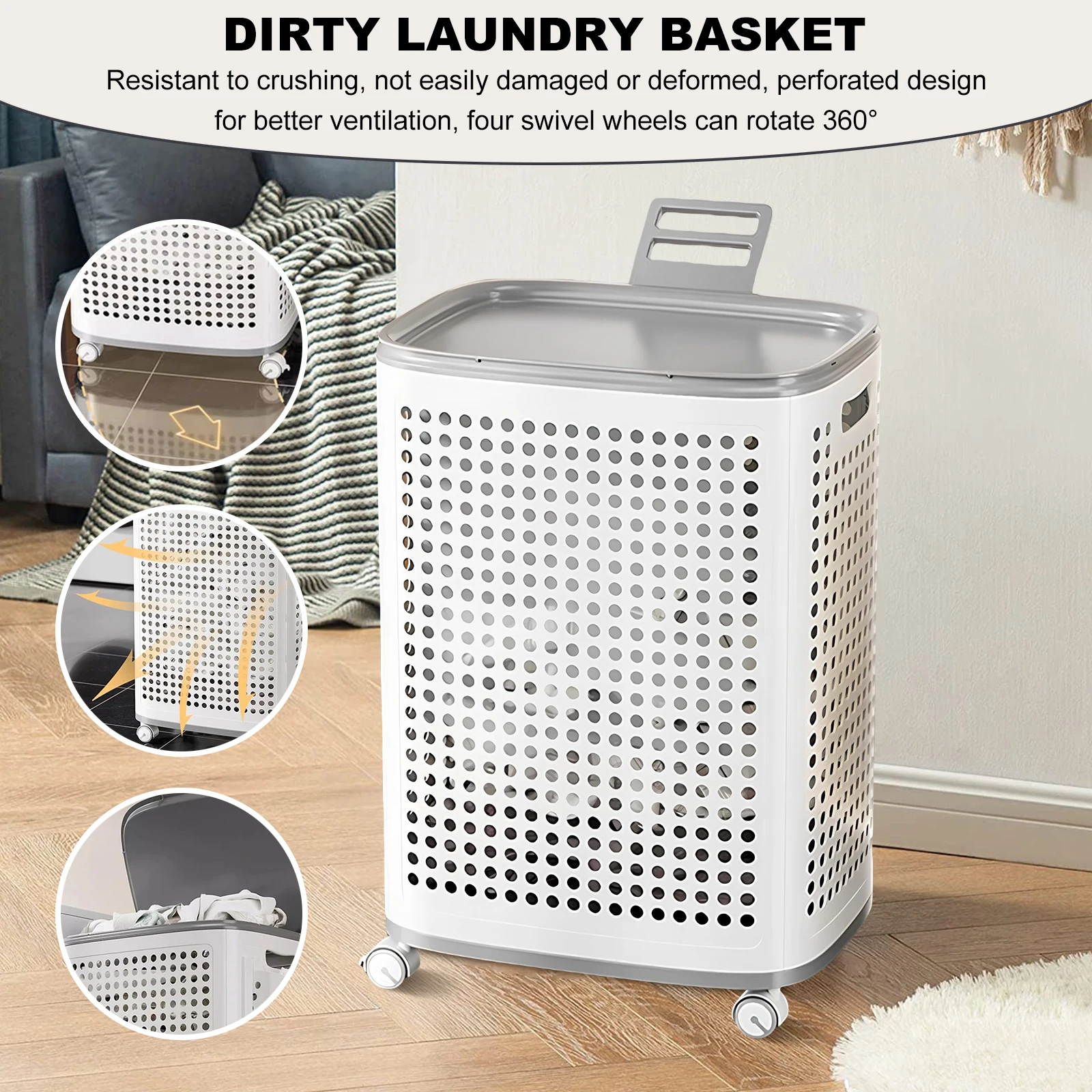 Upgrade Dirty Clothes Laundry Sorting Basket W/ Wheels & Lid Hollow Out Laundry Hamper Bathroom Organizer Storage Pouch for Home