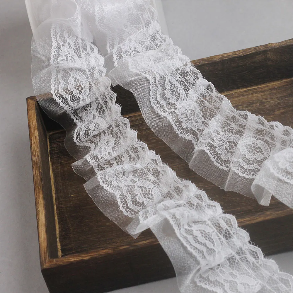 Chiffon Lace Fabric for Sewing Crafts Wedding Bridal Dress Party Clothes Decor 1.96X39.3in Double Layers Ruffled Lace Trim
