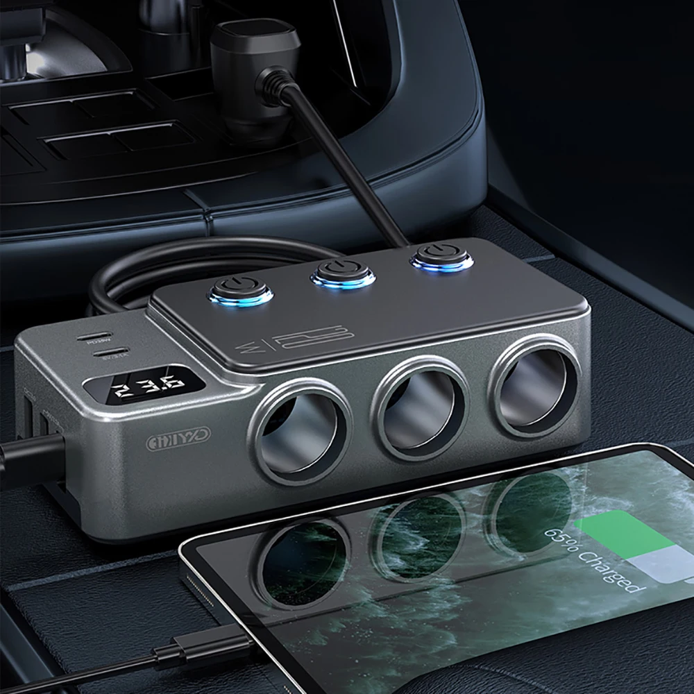 Caricabatteria per auto multifunzionale ad alta potenza da 120 W Accendisigari per auto con ricarica super veloce da uno a tre Display della tensione del caricabatterie rapido - Image 5
