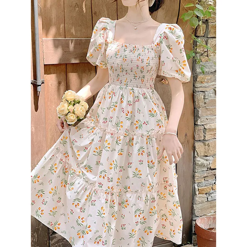 

Sweet Printing Lace Up Bow Folds Puff Sleeve Floral Dress Women's Clothing 2024 Summer New Loose All-match Princess Dress