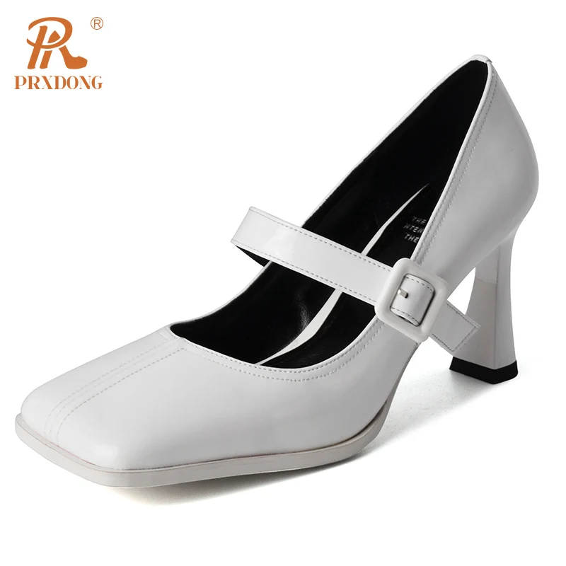 

PRXDONG Women's Shoes Spring Summer Genuine Leather High Heels Square Toe Black Pink Sweet Mary Janes Shoes Pumps Big Size 34-40
