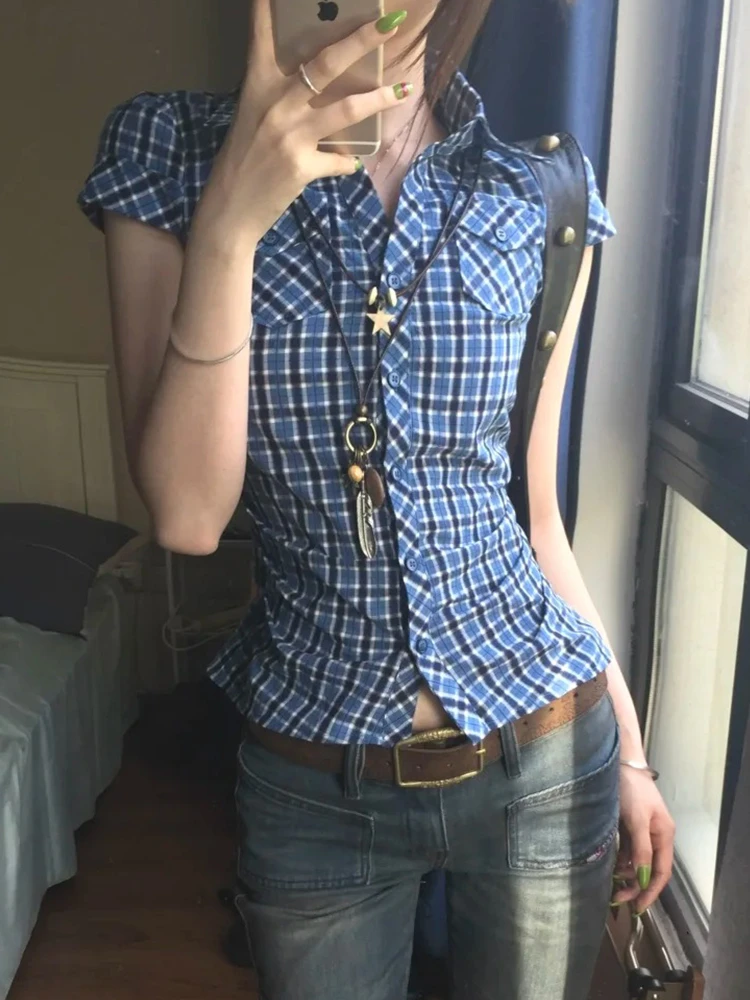 Genayooa Y2k Vintage-Shirt für Damen, kurzärmelig, blau kariert, Bluse und Hemd, Streetwear, japanisches 2000er-Jahre-Shirt, Tops, amerikanisches Retro-Shirt – Detail 6