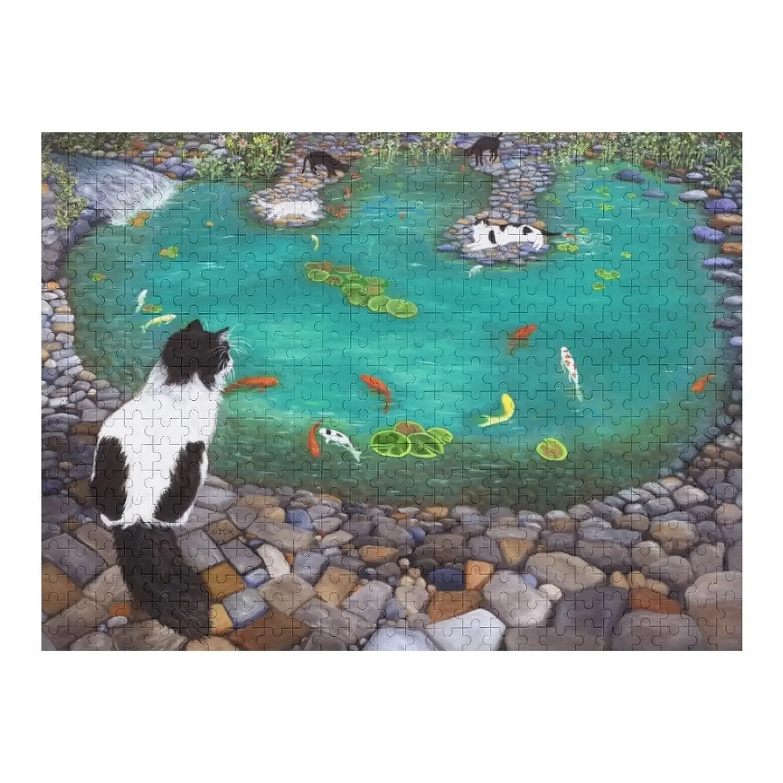 Tuxedo Cat watching family at the koi pond. Jigsaw Puzzle Customized Photo Customizable Child Gift Puzzle