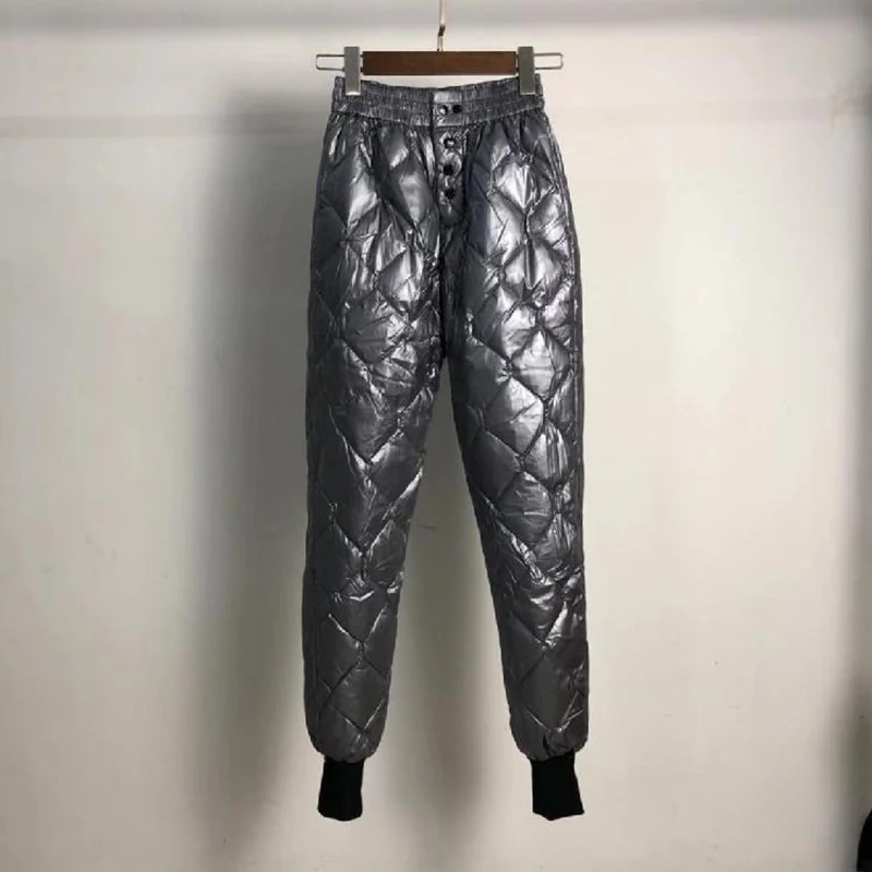 Women Glossy Diamond Down Pant 2023 Winter Fashion High Waist Harem Trousers Plus Size Warm Padded Quilted Pantalones Windproof