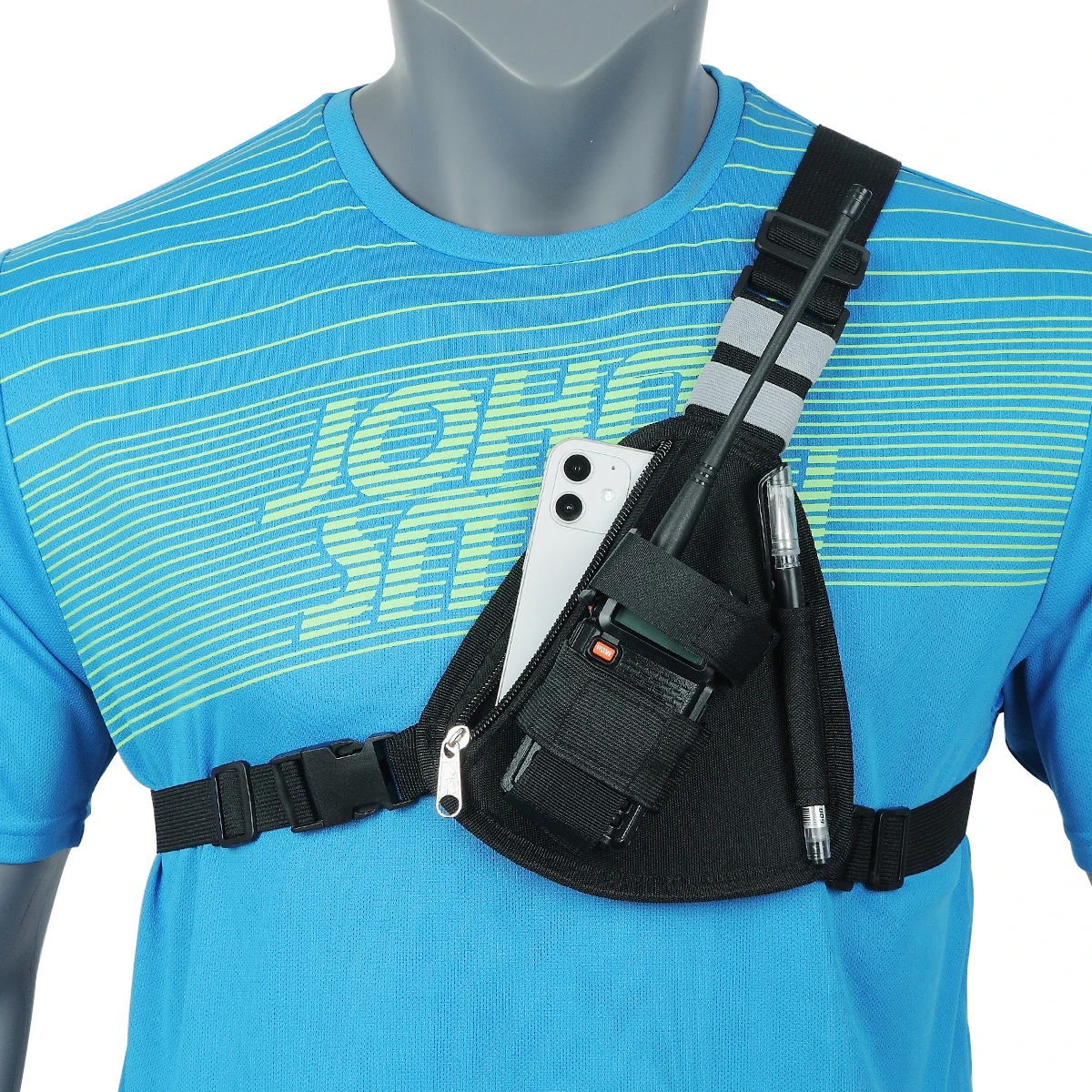 Universal Walkie Talkie Chest Harness with Adjustable Shoulder Holster and Dual Pouch