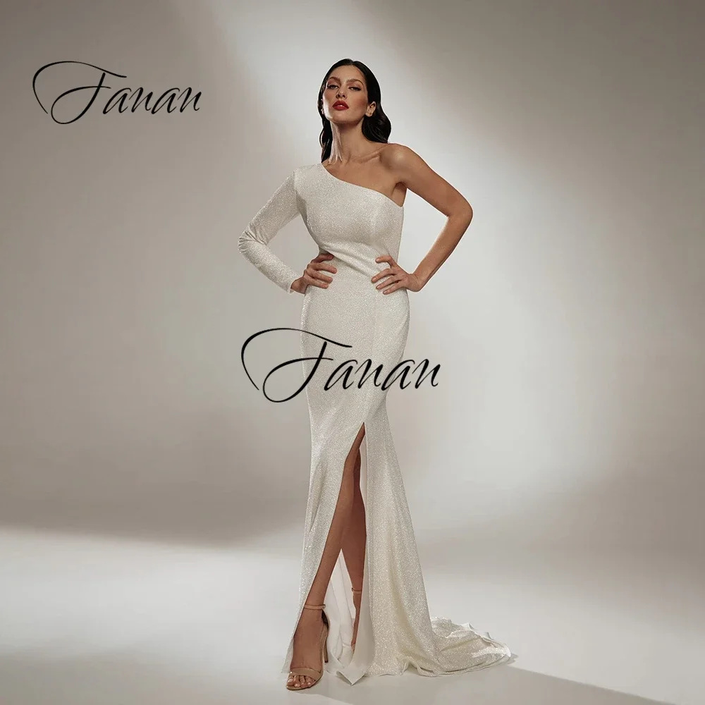 Simple One Shoulder Mermaid Wedding Dresses Front High Split Long Sleeve Floor Length Prom Party Gown Свадебное платье