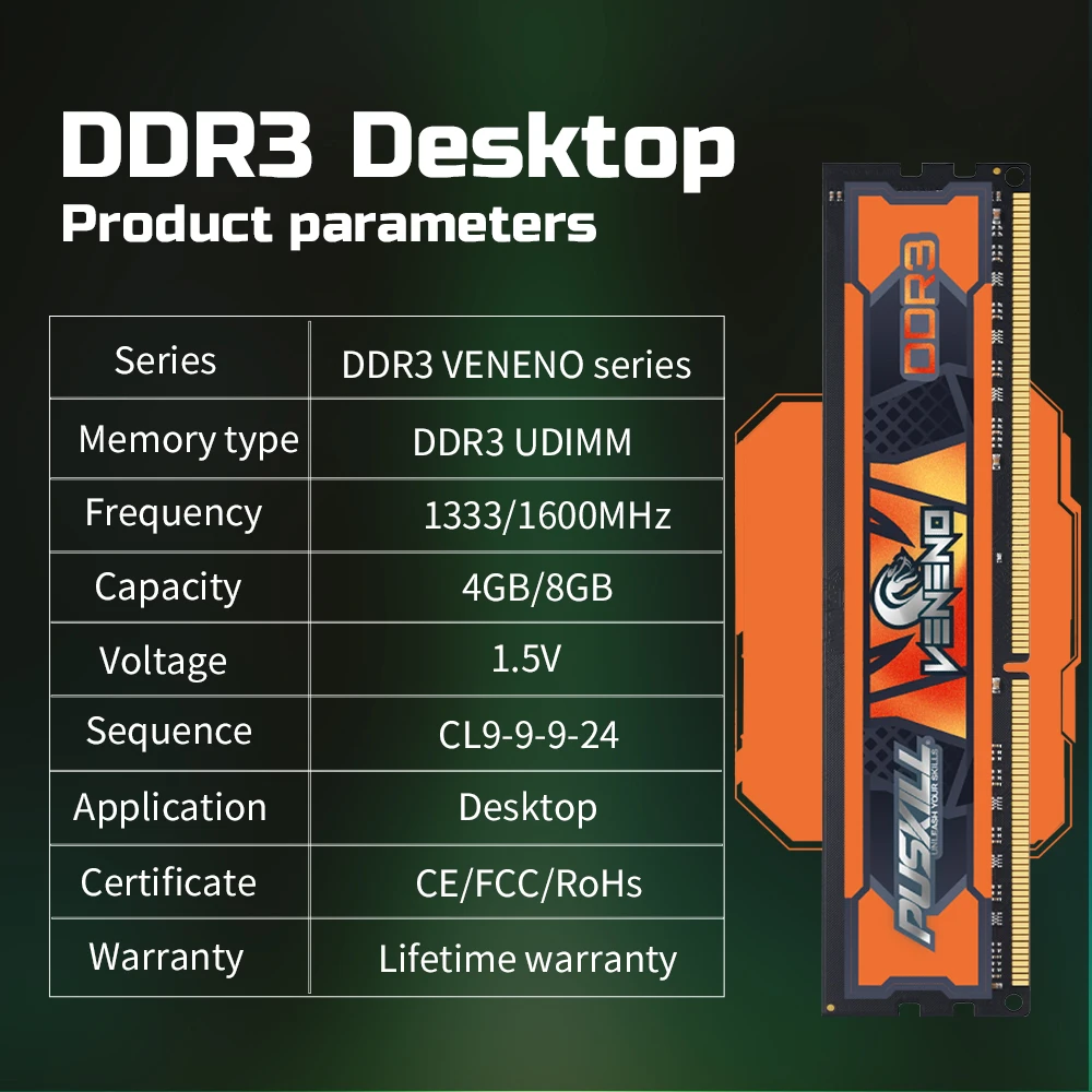 PUSKILL Veneno DDR3 Desktop RAM Memory 8GB 4GB 1.5V 1600MHz 1333MHz 240-PIN DIMM
