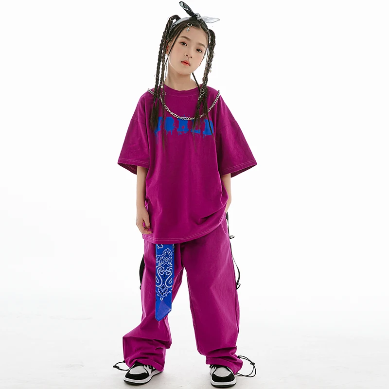 New Girls Jazz Dance Costume Short Sleeves Hip Hop Suit Summer Kids Loose Hip-Hop Performance Clothing Practice Wear BL10456