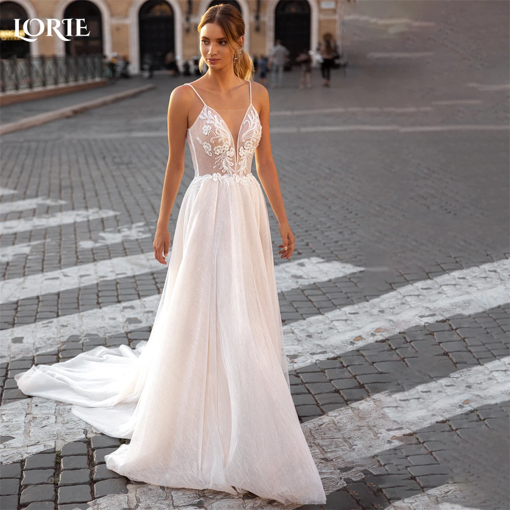 

LORIE Bohemia Lace Wedding Dresses Appliques A-Line Spaghetti Straps Backless Bridal Gowns Princess Bride Dress robe de mariée