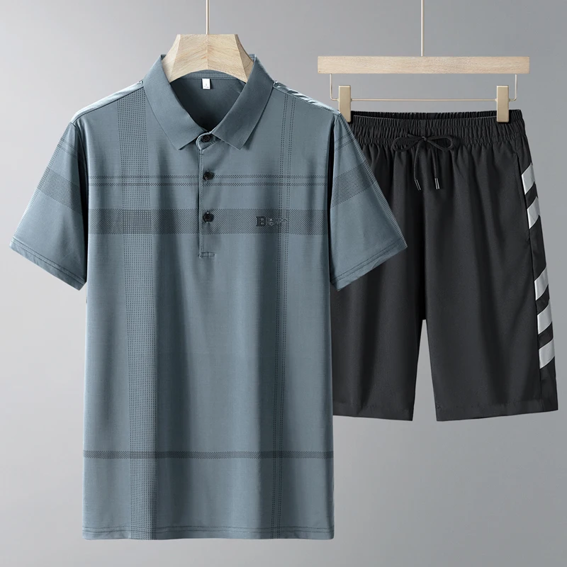 

Men's Turn-down Collar Short Sleeve Striped Button Pullover T-shirt High Waisted Solid Color Pockets Elastic Summer Shorts Set