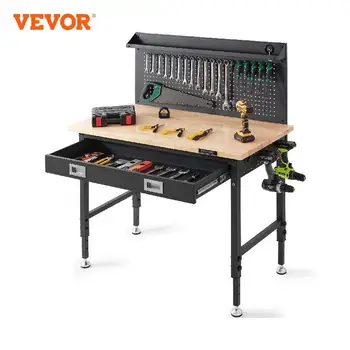 VEVOR 2000lbs Hardwood Workbench Heavy Duty Oak Plank Work Table Carbon Steel with 3m Cable 30 Hooks for Garage Office Workshop 1