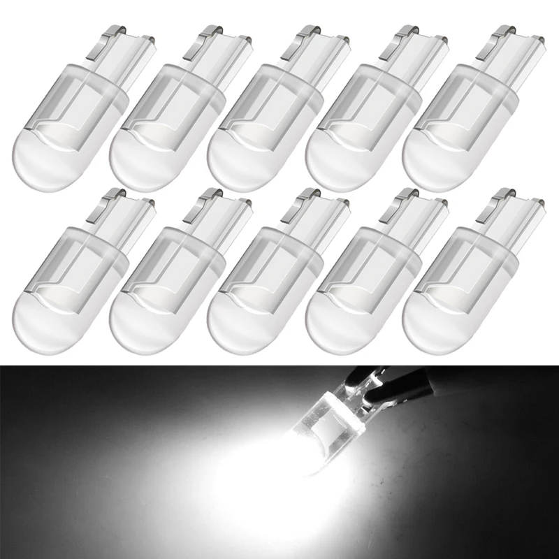 

10 PCS Car LED Bulb T10 W5W 194 Signal Light COB 12V 7000K White Auto Interior Dome Door Maps Reading Trunk License Plate Lamps