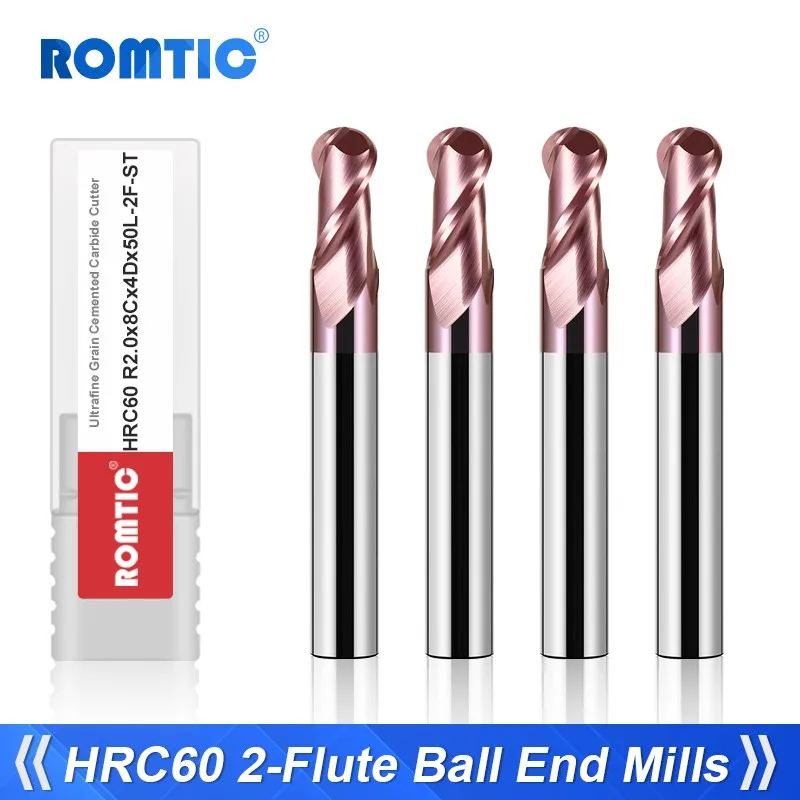 

ROMTIC HRC60 Tungsten Steel Carbide Nano Coating 2-Flute Ball End Milling Cutter CNC Mechanical Machining Center End Mill Tools