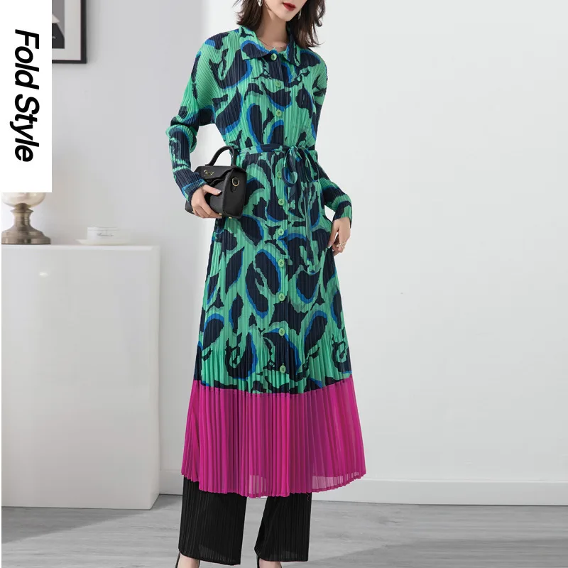 

Miyake Pleated Print Dress 2024 Spring/Summer New Style Loose Fit, Flesh Covering, Slim Lace Up Panel Midlength Dress
