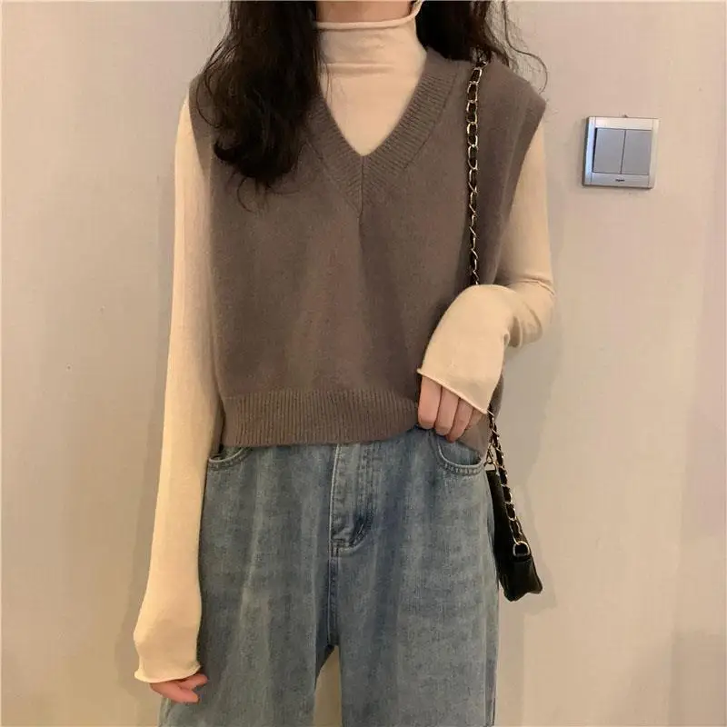 Fashion V-Neck Solid Color Knitted Loose Sleeveless Vest Sweater Women\'s Clothing 2022 Autumn New Casual Pullovers All-matchTops