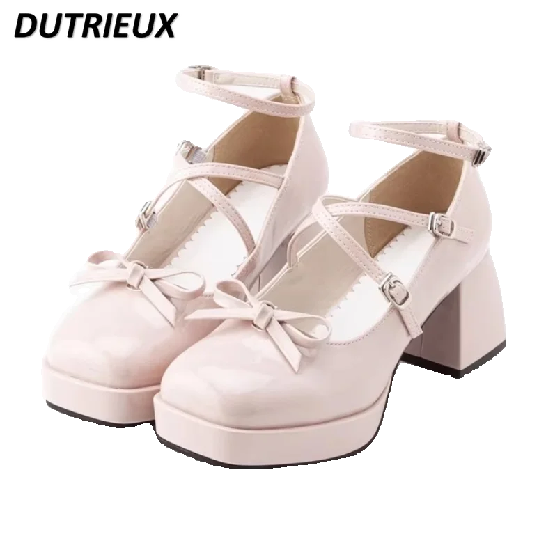 

Japanese Style Sweet Bow Lolita Mine Cross Belt Mary Jane Shoes Solid Color Kawaii Cute Girls' All-matching Pumps High Heels