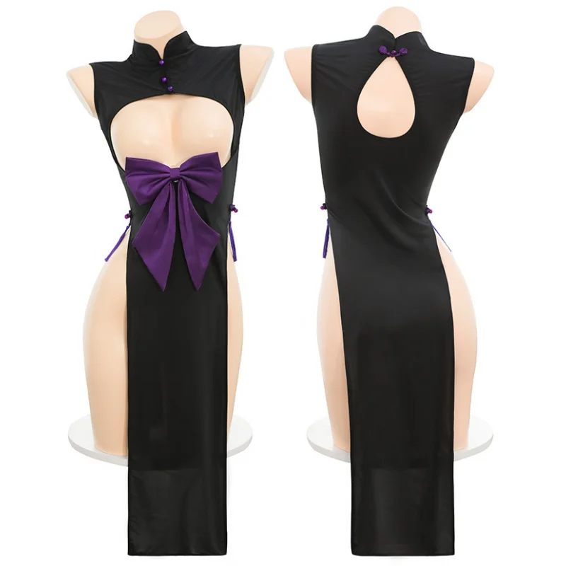 Sexy Hollow See Through Cheongsam Dress Cosplay Costume Chinese Vintage Uniform Role Play Outfits Women Nightdress Underwear