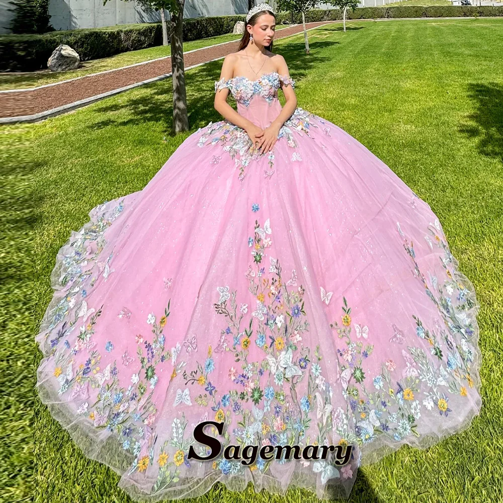 Quinceanera Dresses Appliques Off the Shoulder Lace up Ruched Tulle Robe Princesse Fairytale Sagemary Customized Bleu Femm
