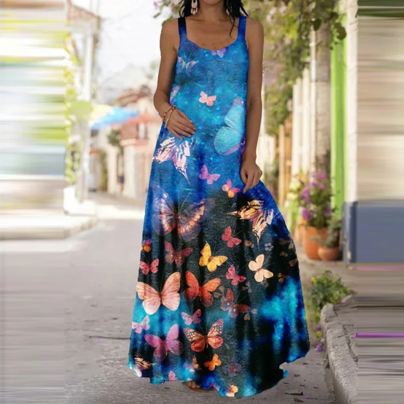 Women's Fashionable Butterfly Printed Sleeveless Dress Summer Casual ...