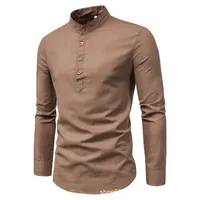 Chemise d'affaires à manches longues et col montant pour hommes, couleur unie, décontractée, ajustée 5