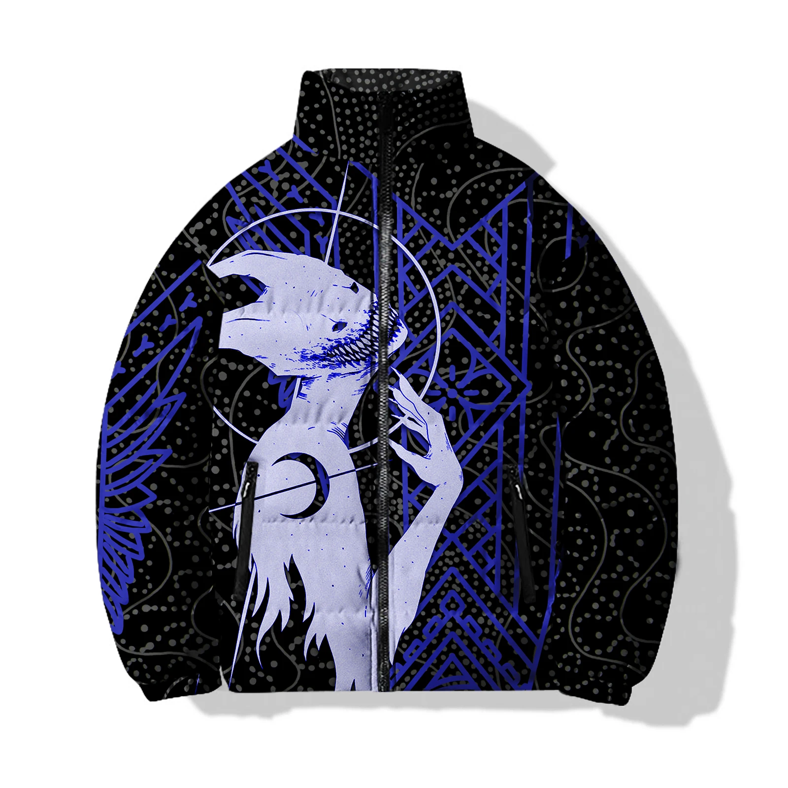 thumbnail image 1 of Chaqueta de invierno para hombre, chaqueta de algodón holgada de tendencia, ropa de algodón con estampado de esqueletos y personas sosteniendo una hoz, ropa de calle Harajuku, 1 of 5