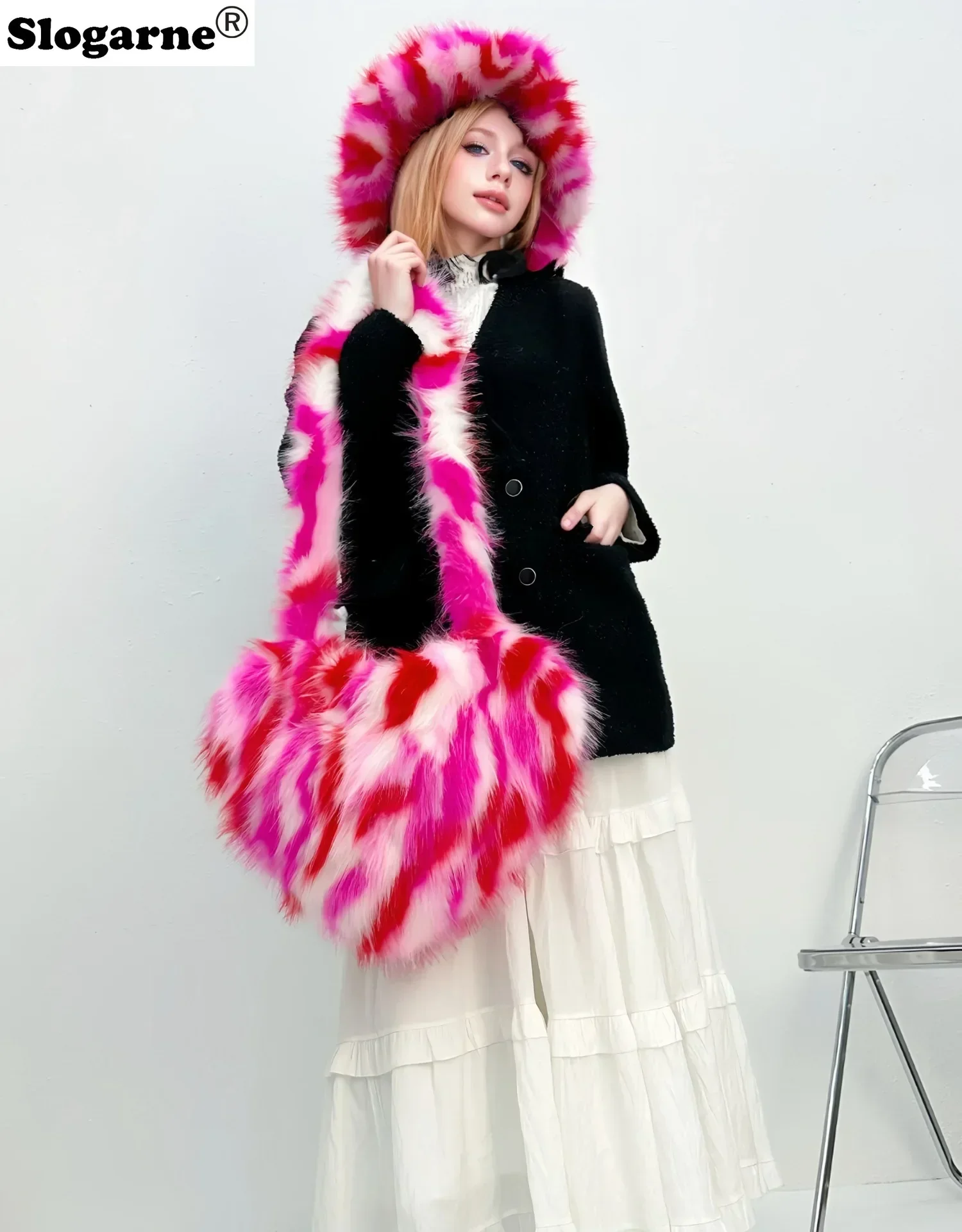 Women Faux Fur Shoulder Bag Fur Plush Bucket Hat Luxury Sets Furry Ski Hats Warm Caps Luxury Fluffy Bags New Y2K Suits