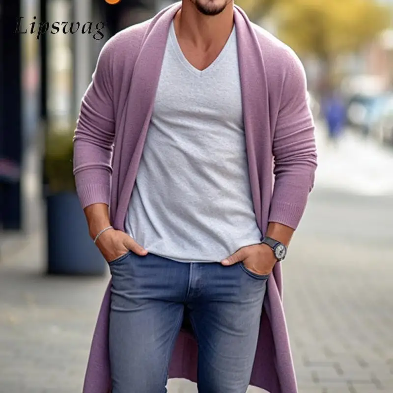 

Long Sweatercoat Mens Casual Simple Pure Color Outerwear Knitted Long Sleeve V Neck Sweater Cardigan Autumn Winter Mens Clothing