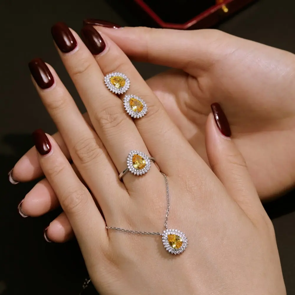 

S925 Sterling Silver Bridal Jewelry Set Women Water Drop Diamond Necklace Rings Earrings Female Shiny 5A Zircon Luxury Jewelry