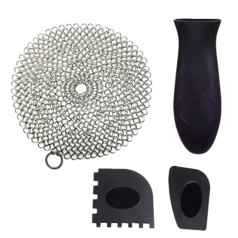 

Stainless Steel Scrubber Set Include Cleaning Cleaner Black Scrapers Handle Cover for Cast Iron Pans Cleaning Tools Set