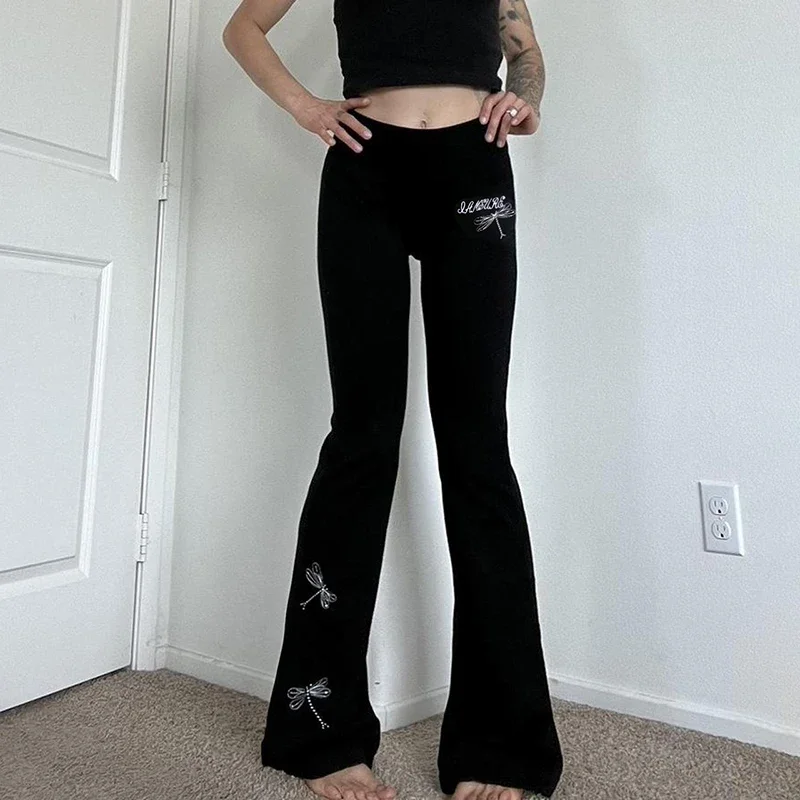 

High Waist Casual Dragonfly Embroidered Skinny Flared Pants Stretchy Boot Cut Sweatpants Vintage Sports Yoga Trousers