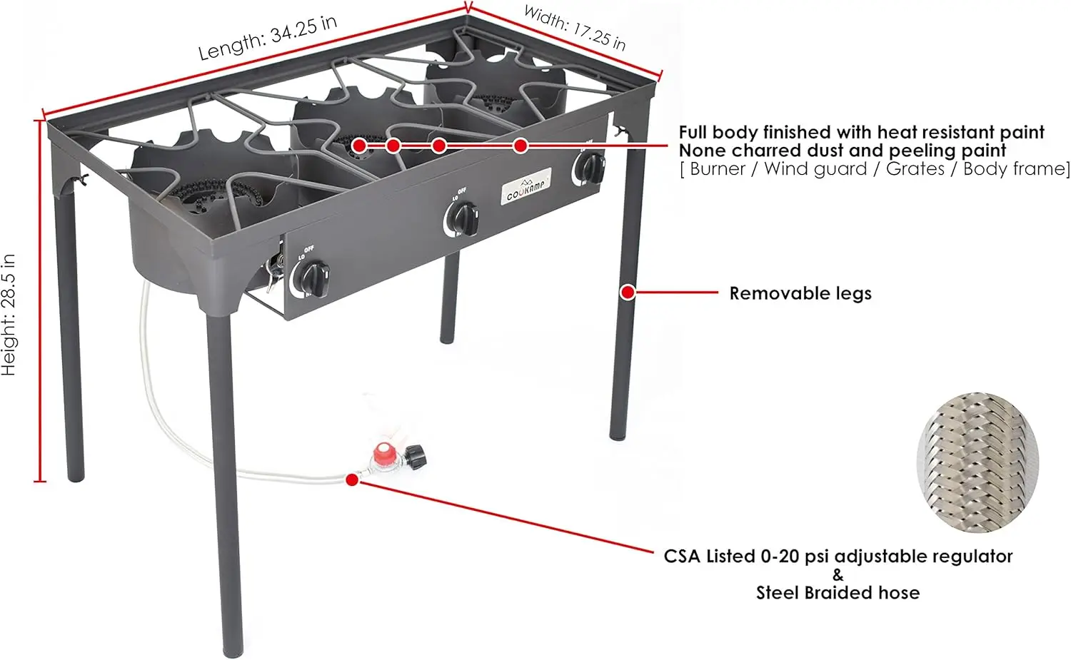 High Pressure Triple Propane Burner Outdoor Propane Camping Stove with 0-20 PSI Adjustable HighRegulator and Steel Bra