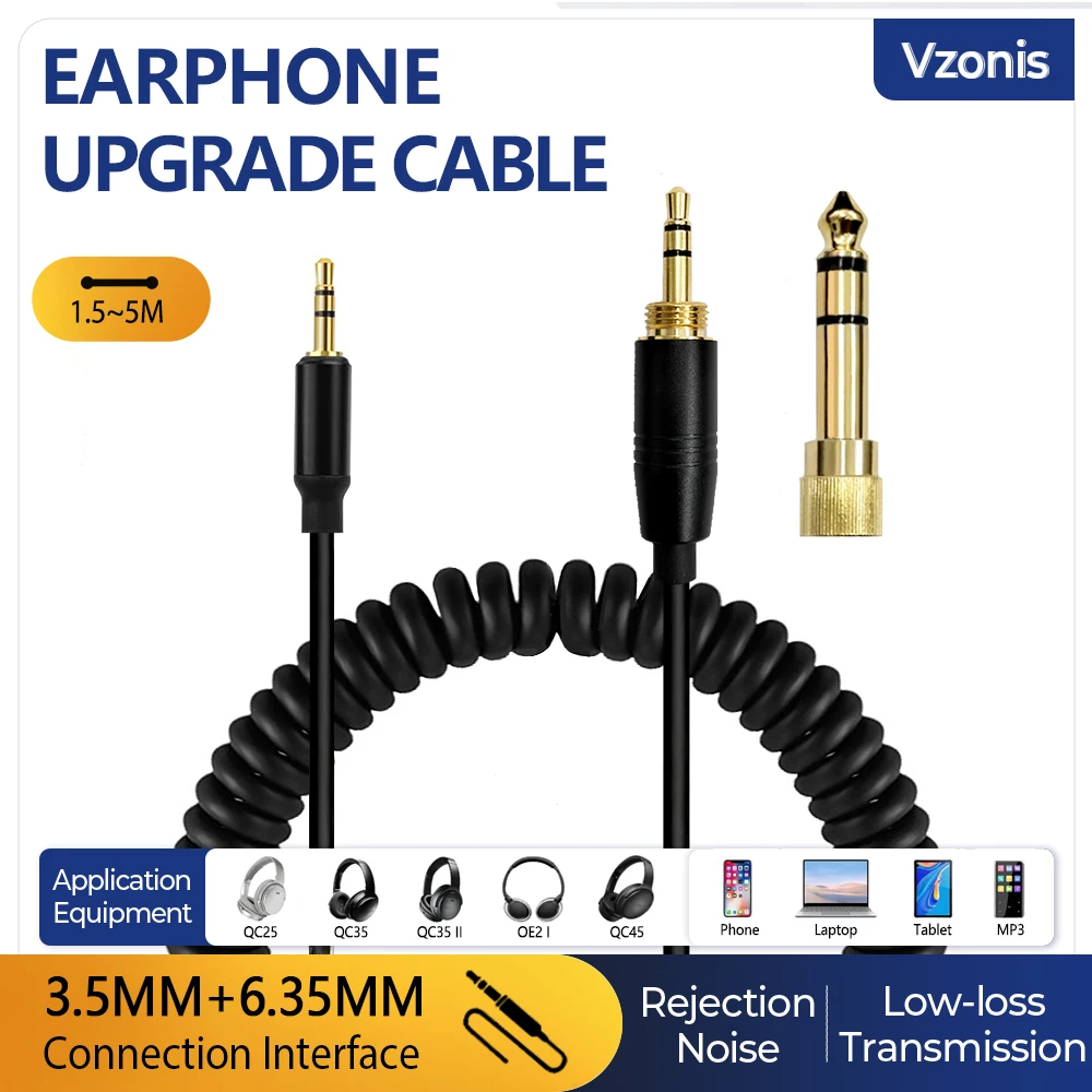 Durable Coiled Headphone Audio Cable High-extensional Spring Line 3.5MM 6.35MM Adapter cable for BOSE QC35 35II QC45 NC700
