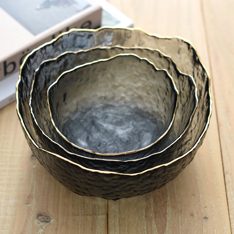 Glass Bowl Japanese Style Iceberg Glass Bowl with Glod Rim Transparent Salad Fruit Soup Dessert Snack Foods Mixing Bowl Tea Wash Large