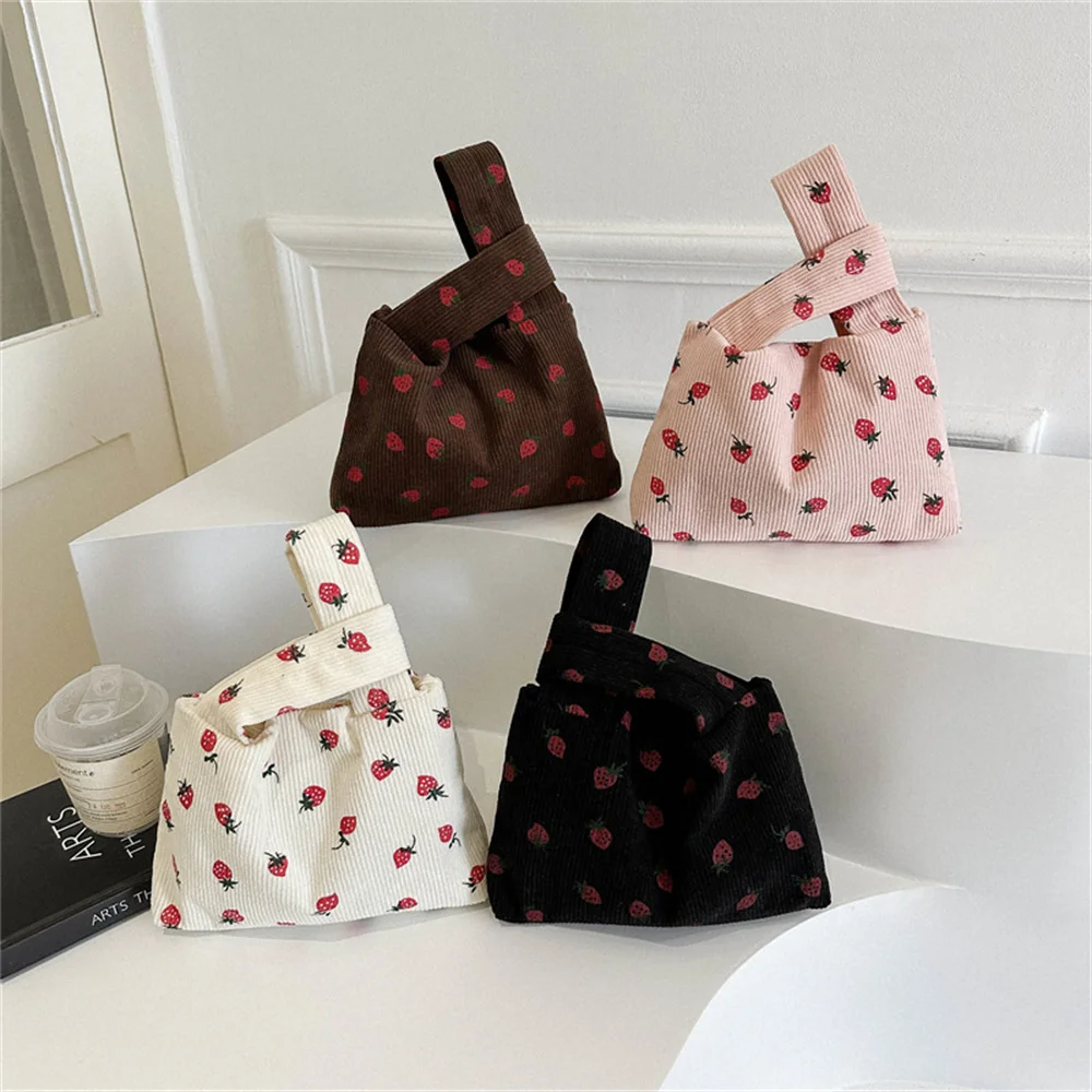 

Cute Corduroy Women Handbag Niche Design Fashion Tote Bag Strawberry Print Mini Knot Wrist Bag Trend Japanese Casual Bucket Bag