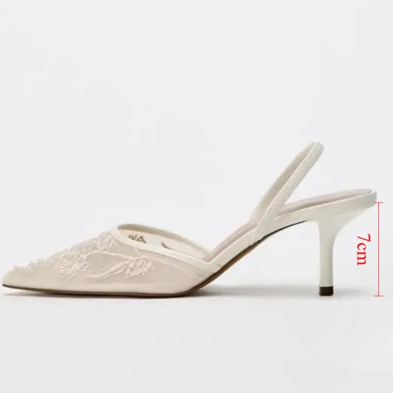 Brand Designer White Women Wedding Pumps Mesh Embroidered Flowers Back Strap Sexy Slingback High Heel Dress Shoes for Ladies 6