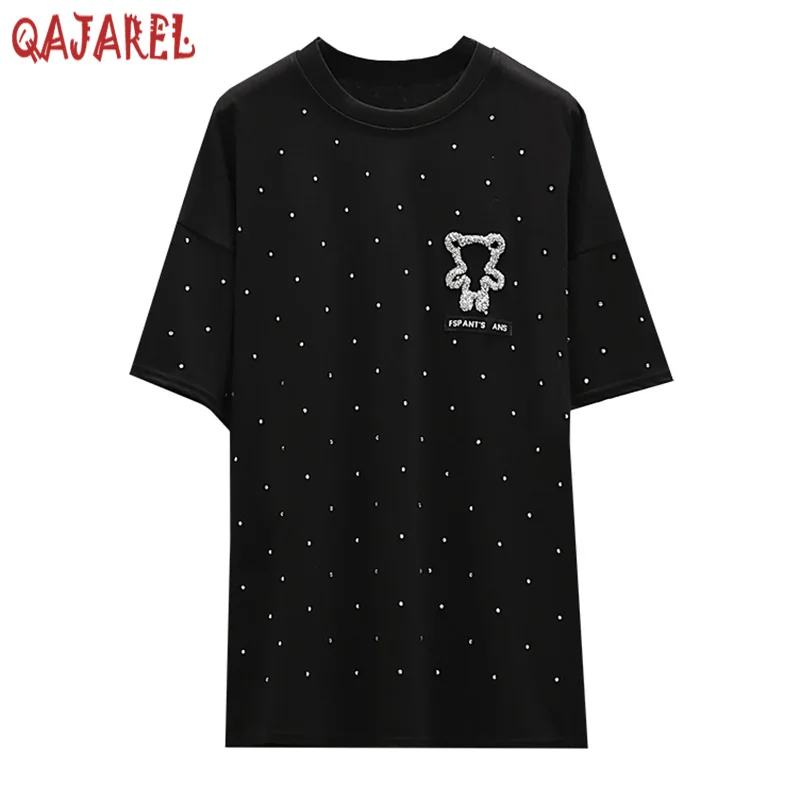 

2024 Black Knitted Cotton Short Sleeve T-Shirt Women Korean Vintage Casaul Top Coat Summer New Fashion Diamonds Bear Top Shirts