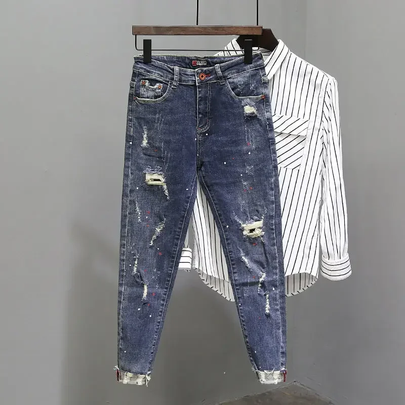 

Men's Jeans Broken Trousers Cropped Ripped Man Cowboy Pants Torn with Holes Regular Trend 2024 Spring Autumn Korean Style Xs